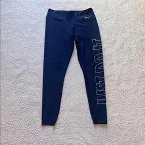 Nike Women's Blue Leggings with Bold Text